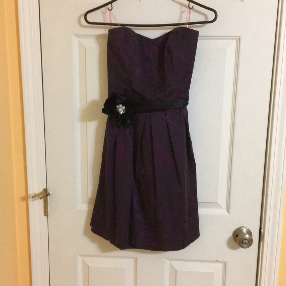 Purple and black strapless homecoming dress